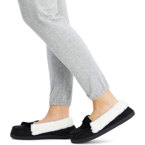 Women's Black Bow Faux Fur Collar Pull On Plush Lining Slipper Boot Shoes - Picture 6 of 8